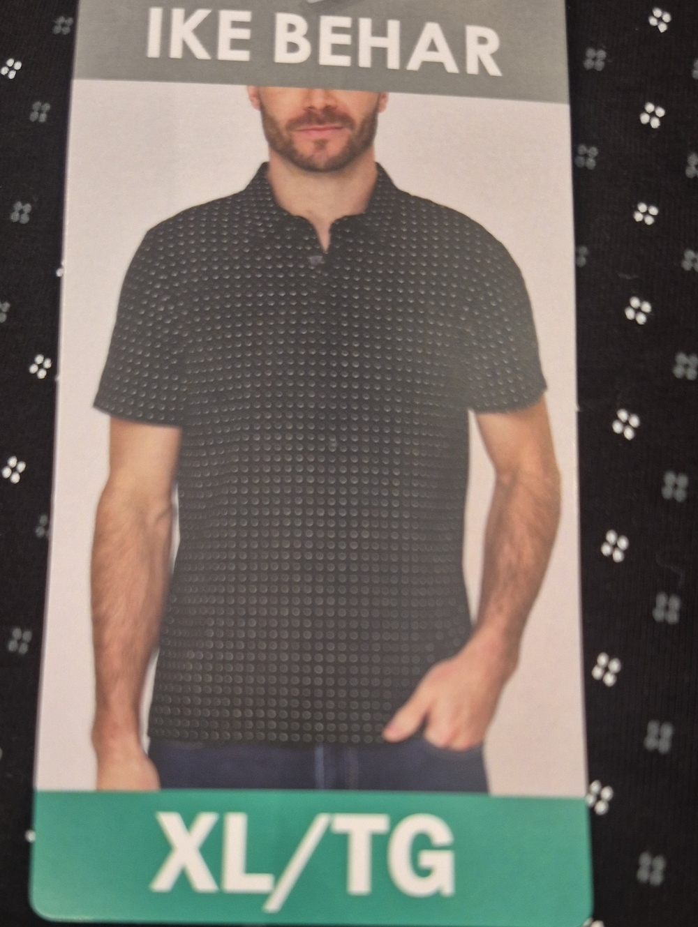 XL: 🖤 Ike Behar Black Polo with Tiny Geometric Print